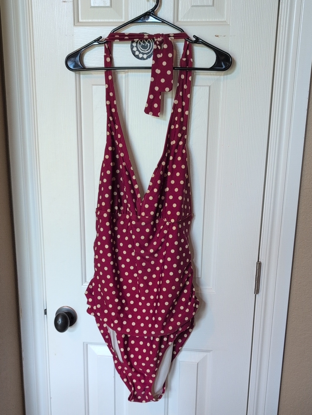 Polka Dot Halter One-Piece Swimsuit - Burgundy